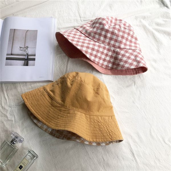 

casual double-sided lattice fisherman's hat korean version summer lovely sunscreen hat dome basin hat, Blue;gray