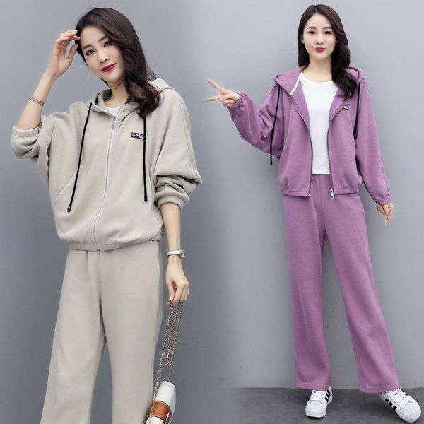 

women's tracksuits 2022 spring autumn korean 2 piece sets loose cardigan hooded sweater large size two pants apricot purple black cloth, Gray