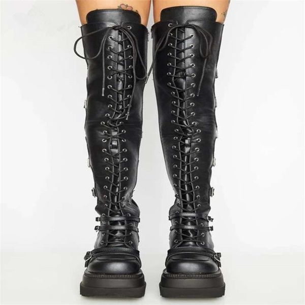 

boots 2021 large casual high children's slope heel lace up belt buckle knee, Black