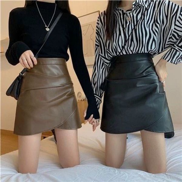 

skirts high waist pleated pu leather women's autumn and winter korean version slim irregular a-shaped fashion hip wrap short skirt, Black
