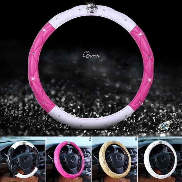 

leather diamond pink steering wheel cover for women girls lady luxury crown rhinestones 38cm car soft universal covers