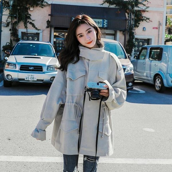 

women's trench coats female spring autumn coat 2021 korean stand collar loose bf short tooling chic windbreaker women outerwear b305, Tan;black