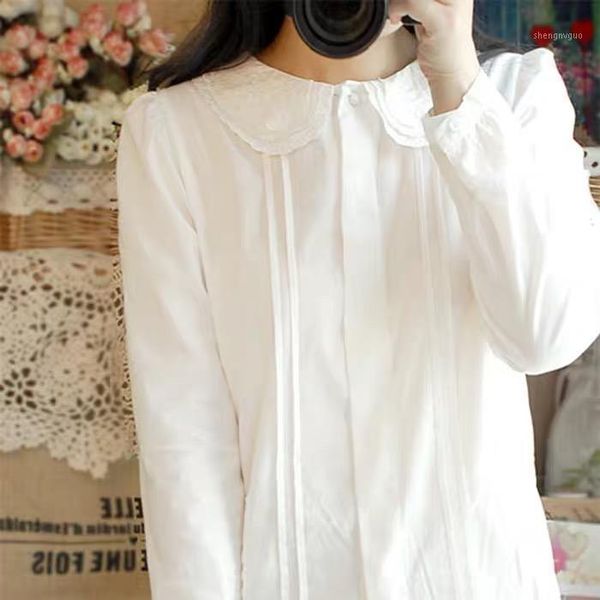 

sen female department white 3 layer embroidery doll collar autumn long sleeve small pure and fresh cotton shirt women's blouses & shirt