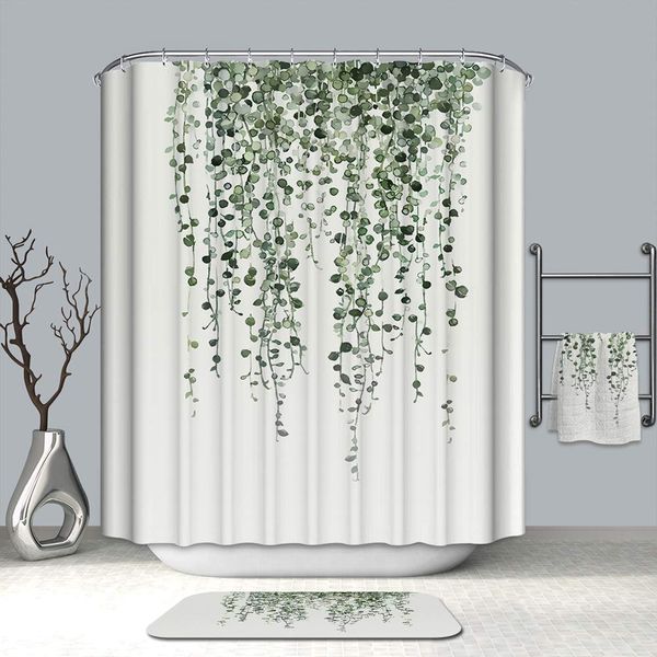

eucalyptus shower curtain, white backdrop green vine fern plant grass bathroom decor