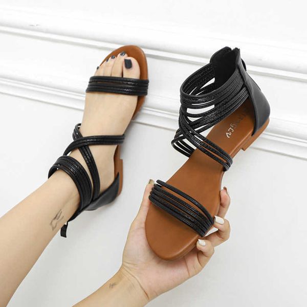 

cross strap rome sandalias mujer plus size 42 dropshipping summer flat sandals women outdoor beach shoes woman fashion open toe y0721, Black