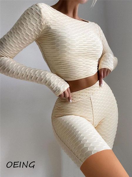 

yoga outfit two piece legging set long sleeve crop and biker shorts suits workout gym clothes tights sets seamless