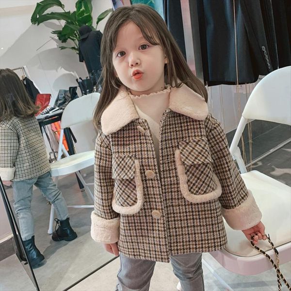 

girls coat with plaid wool collar and cotton heavy winter kid, Blue;gray