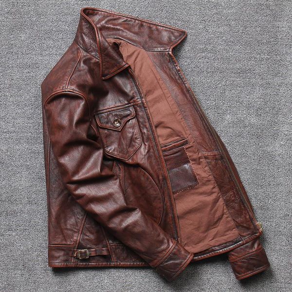 

men's leather & faux 2021 vintage brown casual style genuine jacket men large size 4xl real natural cowhide autumn slim fit short coat, Black