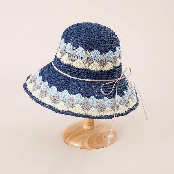 

wide brim hats 2021 summer bohemia print bowknot beach sun women's fashion conciseness rollable drafting hat #t1g, Blue;gray