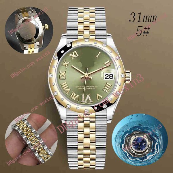 Damen-Diamantuhr, Damenuhr, Gold, 31 mm, Sechs Uhr ist Jubiläums-Armband, Zifferblatt, breites, flaches Armband, Montre de Luxe 2813, automatische Schwimm-Armbanduhr aus Stahl, wasserdicht