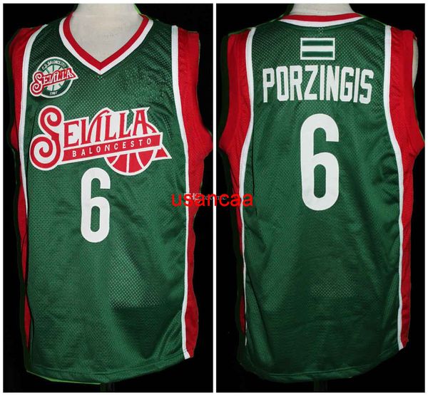 

kristaps porzingis #6 sevilla baloncesto euro latvia retro basketball jersey mens stitched custom number name jerseys, Black