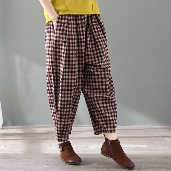 

pants spring summer arts style women elastic waist loose casual cotton linen plaid harem big size pants m264 ty1i, Black;white
