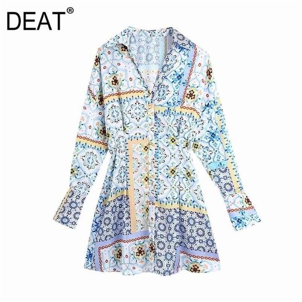

[deat] women summer fashion single-breasted turn-down collar high waist long sleeve printing dress 13q389 210527, Black;gray
