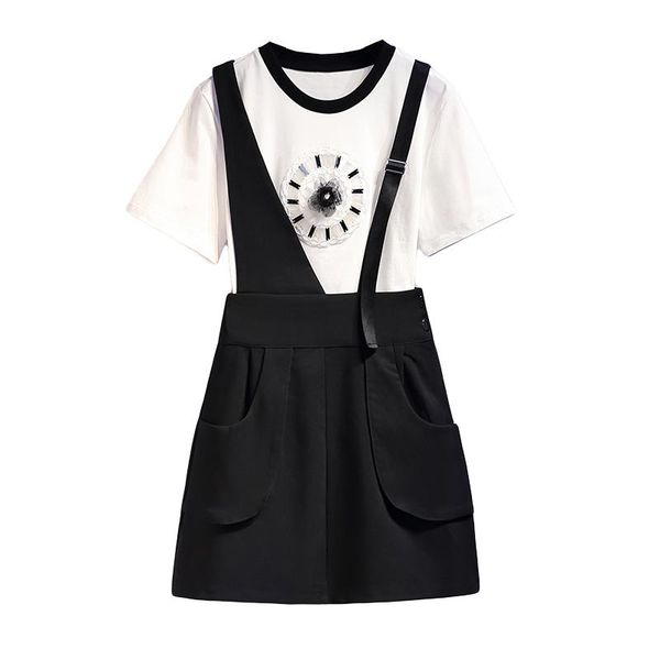 

casual dress set women summer two piece fashion t shirt and short mini skirt strap large plus big cloth, White