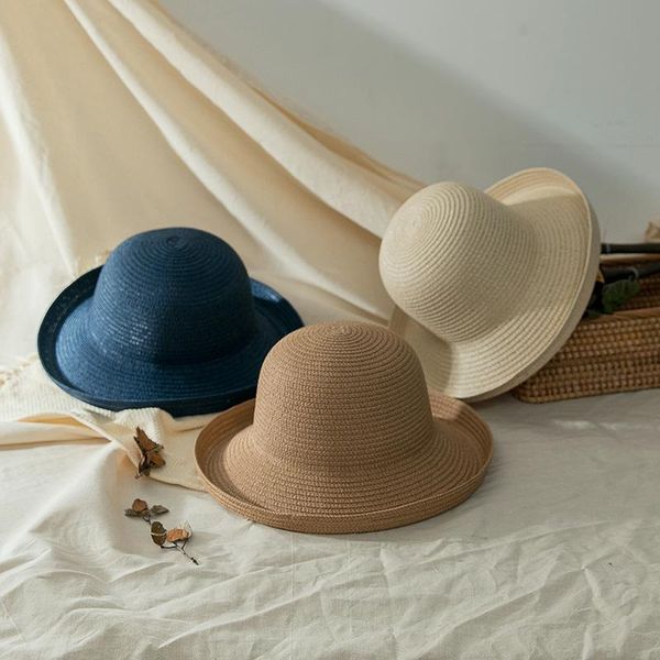 

wide brim hats summer sun hat women's fashion girl straw flip beach casual dome panama, Blue;gray