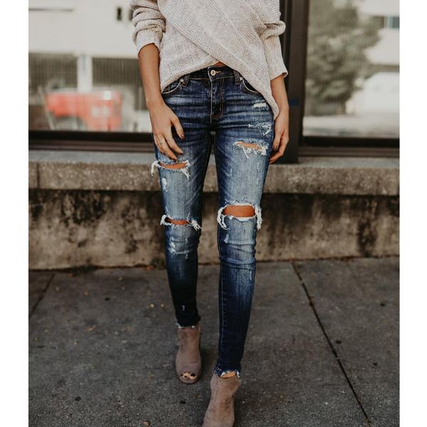 

ripped jeans women slim high waist boyfriend cotton summer autumn casual streetwear denim pencil long pants skinny women's, Blue