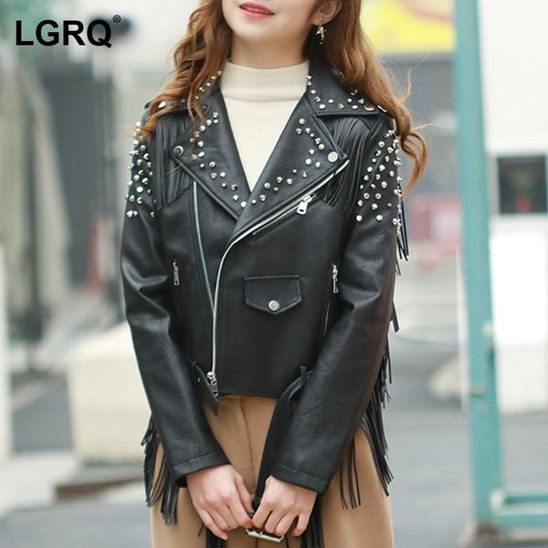 

women's leather & faux [lgrq] loose fit black tassel rivet slim punk style pu leatherl jacket lapel women coat fashion autumn winter 20