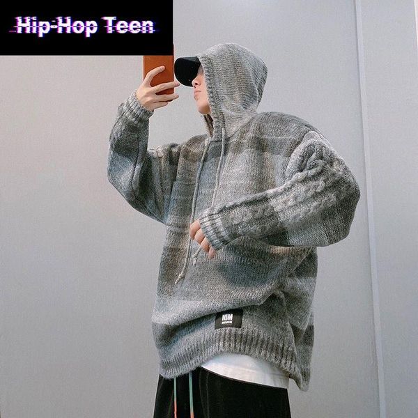 

men's sweaters retro gray striped hooded knitwear pullover japanese harajuku sweater looese vintage knitted hip hop streetwear 3xl, White;black