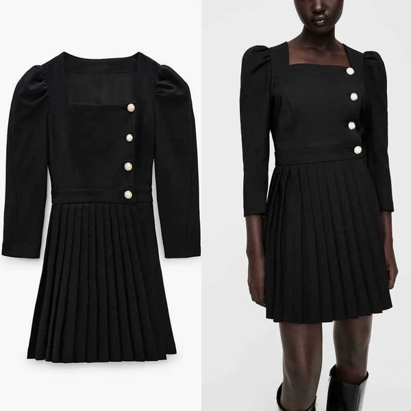 

za black blazer dress women long sleeve pearl button pleated casual short dresses woman chic elegant cotton vestido 210602, Black;gray