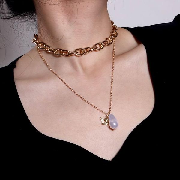 

chokers goth baroque pearl pendant choker necklace for women boho punk bead lariat chain gold angel tassel collar charm jewelry, Golden;silver