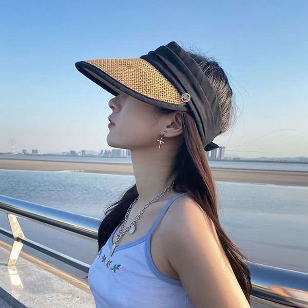 

summer sun empty outdoor cool straw hat adjustable beach versatile, Blue;gray