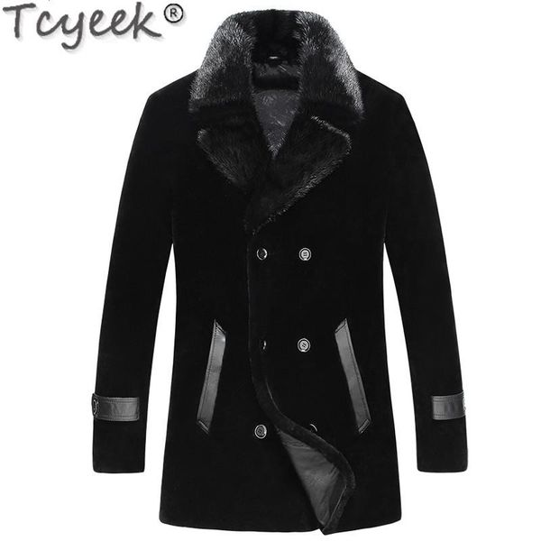

men's leather & faux tcyeekmen's jacket natural fur coat men long sheep shearling mink collar wool plus size lsy070087805, Black