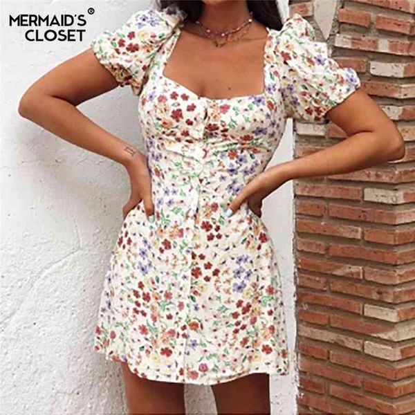 

casual dresses summer floral print dress women square collar boho sundress female puff sleeve a line short holiday vestidos juw2, Black;gray