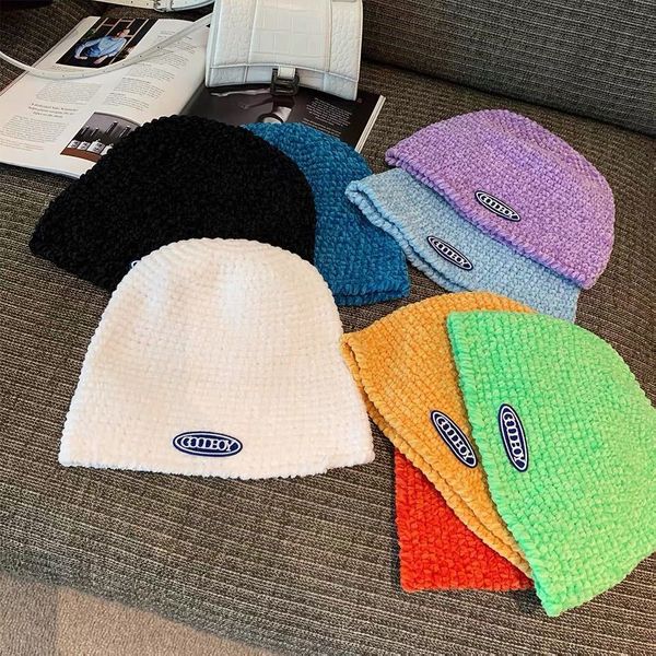 

autumn and winter letter label chenille knitted wool hat female couple versatile ear protection warm cover cap cold black friday deals, Blue;gray