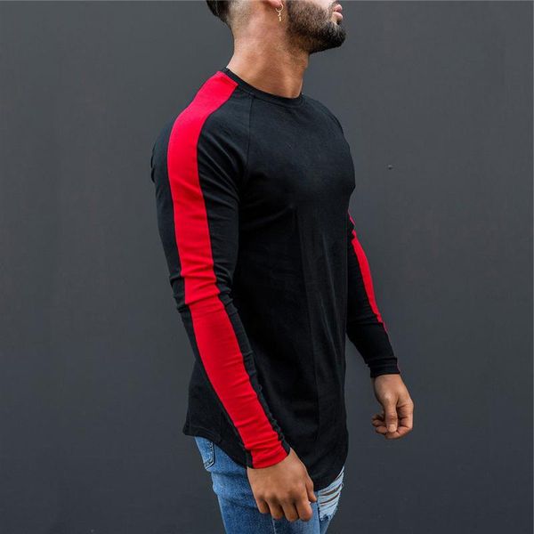 

gym clothing sports t-shirt men spring autumn long sleeve o-neck t shirt brand fashion patchwork cotton tee, White;black