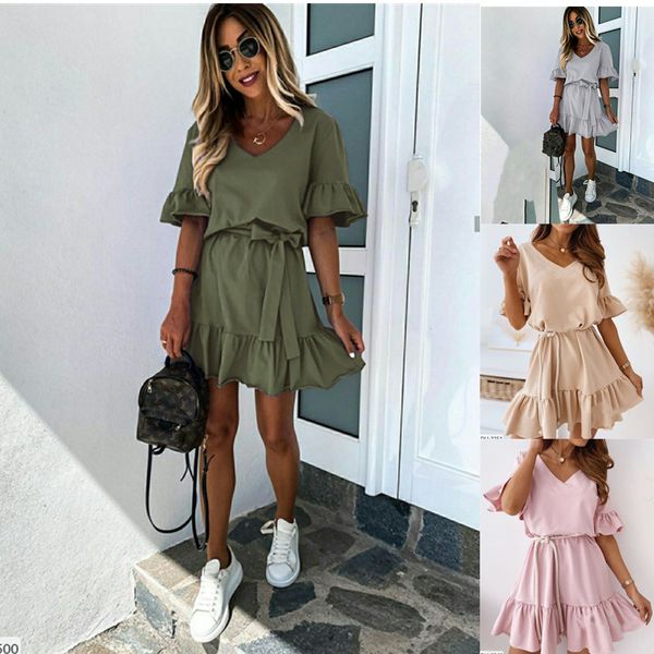 

new womens beach summer plain ruffled dress with short sleeves and ruffles dress street style dresses shirt skirt big size s-5xl, White;black