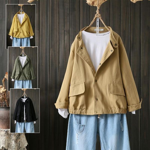 

women's jackets fall plus size 4xl full sleeve short coat single-breasted retro art loose casual all-match simple cotton women trendy19, Black;brown
