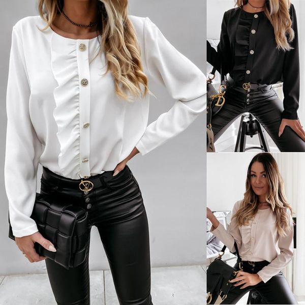 

ruffles shirt blouse women long sleeve o-neck buttons shirts 2021 autumn ladies casual loose blouses female blusa women's &, White
