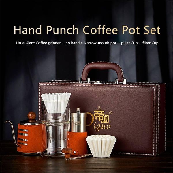 

manual coffee grinders hand punch pot set travel portable pour-over gift box kitchen cowhide package grinder
