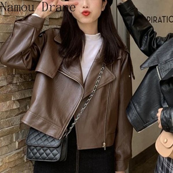 

autumn winter women's leather jackets outerwear zipper korean style oversize faux short 210429, Black