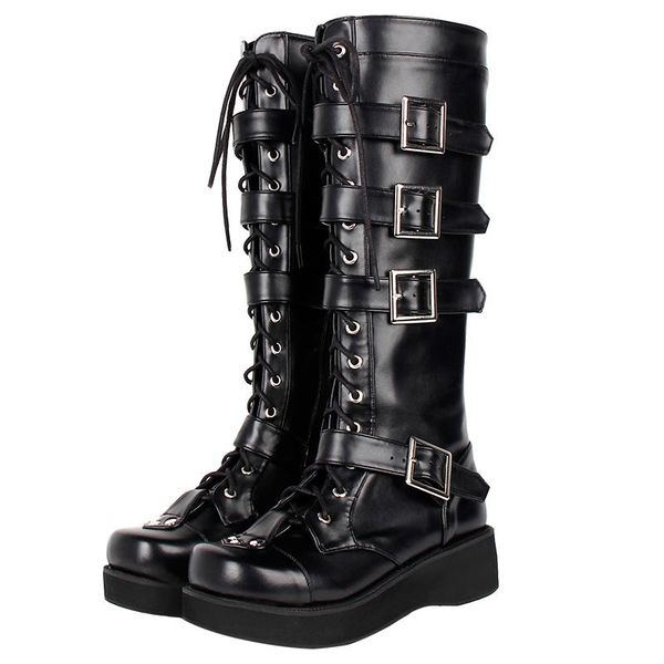 

boots angelic imprint women motorcycle cool punk lady lolita shoes girl mid heels pumps zipper straps rivets 33-47 9708 5cm, Black