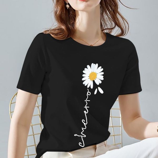 

women t-shirt vintage womens daisy flower pattern print series summer black all-match o neck short sleeve tees casual xxs-3xl, White