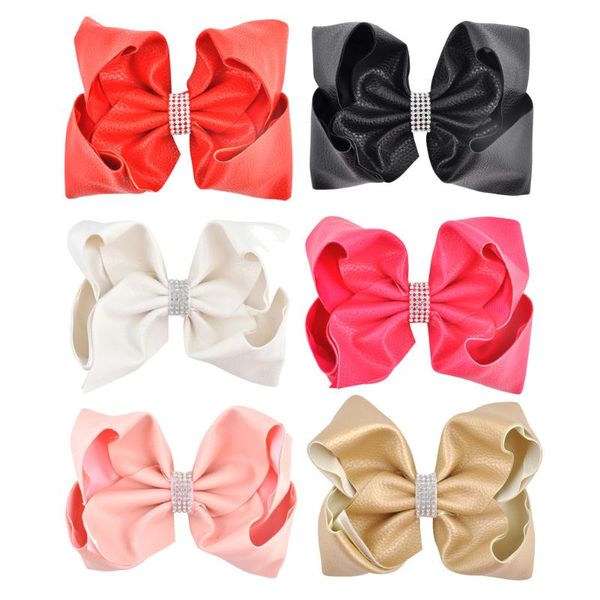 

6pcs/lot 8 inch synthetic leather large hair bows rhinestone hair] clips for girls barrettes kids women accessories, Slivery;white