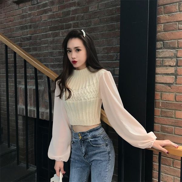 

women's sweaters women knitted chiffon half turtleneck short sweater pullovers ol lady see through lantern sleeve slim fit crop shirt t, White;black