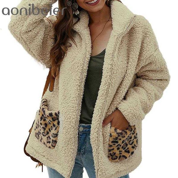 Leopard Print Taschen Faux Pelz Frauen Jacke Herbst Winter Verdicken Warme Outwear Zipper Langarm Casual Weibliche Mantel 210604