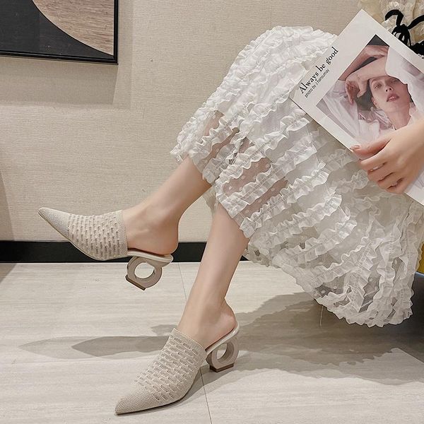 

slippers aphixta air mesh stretch fabric shoes women pointed toe strange style heel mules shoe slides flip flop big size 43, Black