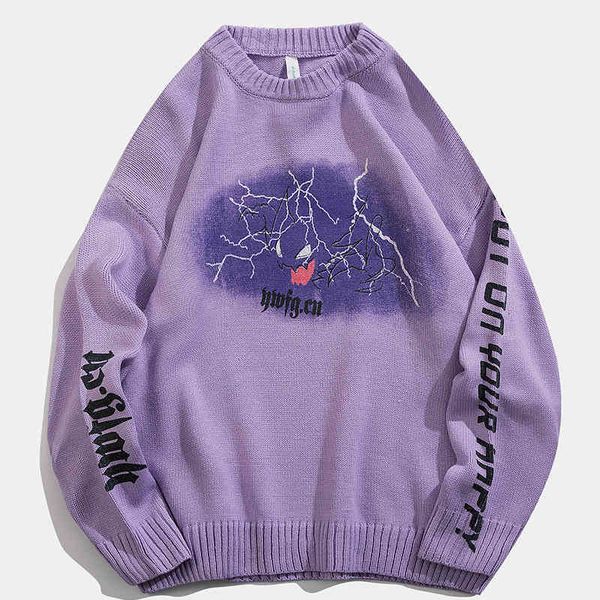 

men's fur & faux anime sweater harajuku hip hop spandex clothing pullover for o-neck oversize casual couple male 6i74, Black