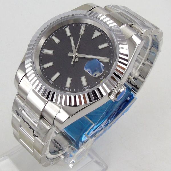 

wristwatches 36mm date just black automatic men watch fluted bezel 21 jewels miyota 8215 movement brushed strap sapphire crystal, Slivery;brown