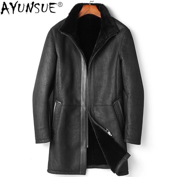 

men's leather & faux ayunsue winter warm real fur coats clothes natural wool sheepskin coat men black outerwear casual casaco masculino