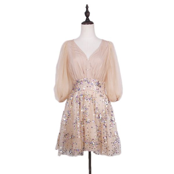 

apricot v neck mesh sequin embroidery mini party dress women spring lantern sleeve short empire d1075 210514, Black;gray