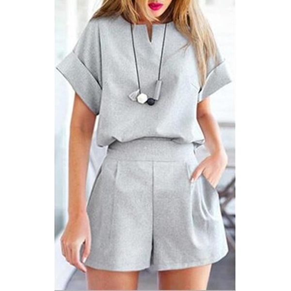 

women's tracksuits summer casual v-neck +pocket shorts female suit clothes tracksuit lounge set short sleeve shirt loose two piece, Gray