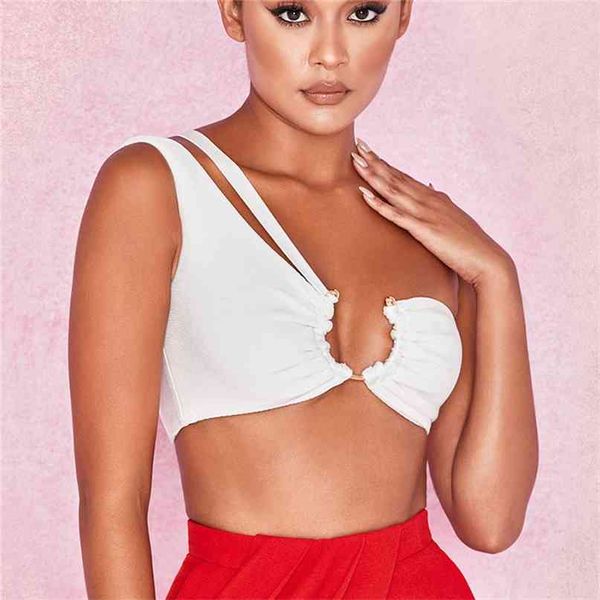 

women's solid color camisole metal decorative tube single shoulder strap vest summer clothing 210607, White