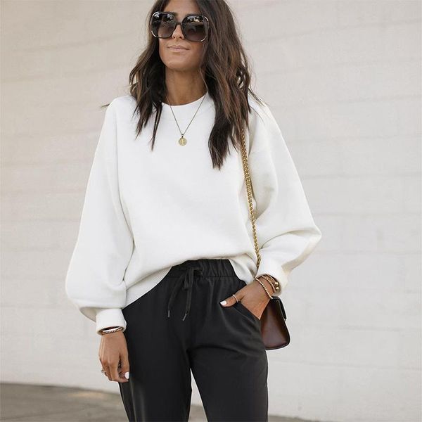 

women's hoodies & sweatshirts ladies casual o neck loose pullover solid all-match fashion shirt autumn spring long sleeve women elegant, Black