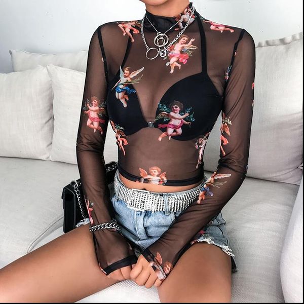 

womens blouse women blouses cupid printing transparent chiffon shirts spring angel shirt crop plus size clothing, White