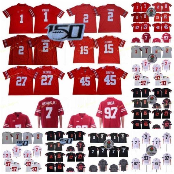 

ohio state buckeyes football 1 justin fields 2 chase young jk dobbins 7 dwayne haskins jr 97 nick bosa 15 elliott ncaa osu 150th jersey, Black