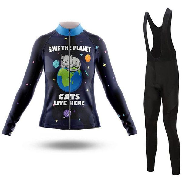 

racing sets sptgrvo lairschdan 2021 planet cat women's cycling uniforms set female cyclist outfit autumn bicycle clothing suit mtb bike, Black;blue